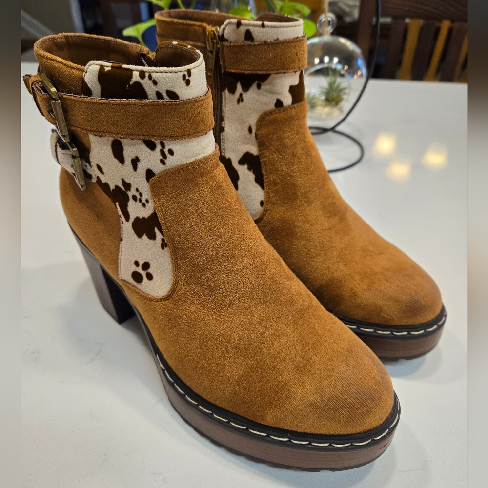 NEW Tan Suede Ankle Boots with Cow Print Accent